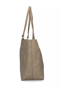 Borsa tote beige con un motivo testurizzato, doppie maniglie piatte e chiusura con zip nella parte superiore. La vista laterale mostra una silhouette strutturata.