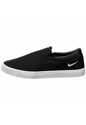 Baskets noires à enfiler avec semelle blanche et logo Nike, dotées d'une doublure en mesh et d'une tige lisse, présentées de profil latéral.