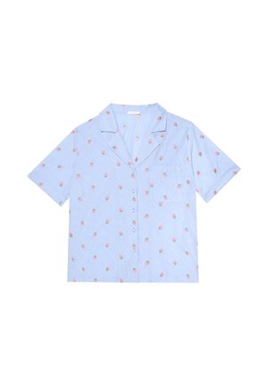 Camicia azzurro chiaro a maniche corte con bottoni, con sottili strisce bianche e piccoli motivi di rose rosa, dotata di taschino sul petto e colletto.