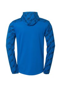 Blå langærmet pullover med hætte, der har en ensfarvet krop og teksturerede, mørkeblå mønstrede ærmer. Lavet af let, åndbart stof.