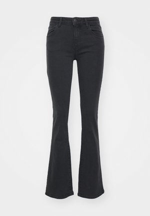 Zwarte flared jeans van denim, met een hoge taille, voorzakken en een gladde textuur. De flared pijpen lopen uit onder de knie.