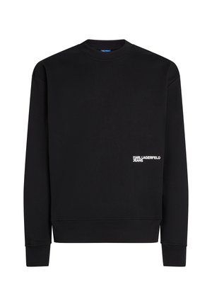 Schwarzer Hoodie mit Rundhalsausschnitt, gerippten Bündchen und Saum; mit weißem "Karl Lagerfeld Jeans" Logo auf der linken unteren Vorderseite. Weiche Textur.