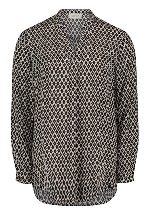 Damesblouse met lange mouwen met zwart-wit ruitpatroon en subtiele roze accenten, met een kraag en losse pasvorm.