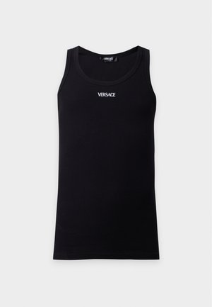 Débardeur noir côtelé sans manches avec le logo blanc "Versace" imprimé au centre de la poitrine.