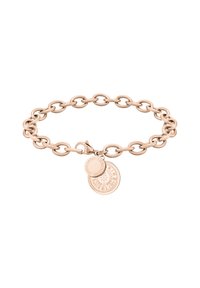 Armband aus Roségold mit ovalen Gliedern und zwei runden Anhängern, die eingravierte Designs aufweisen. Glatte Textur und polierte Oberfläche.