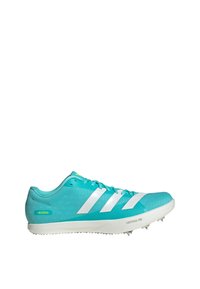 Turquoise athletic shoe with white stripes, textured upper, and spike outsole. Features a lightweight design and a snug fit for performance.