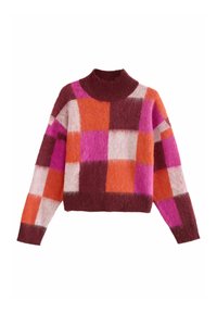 Strickpullover mit hohem Kragen, der auffällige karierte Muster in Burgunder, Pink, Orange und Weiß aufweist. Texturierte, lässige Passform.