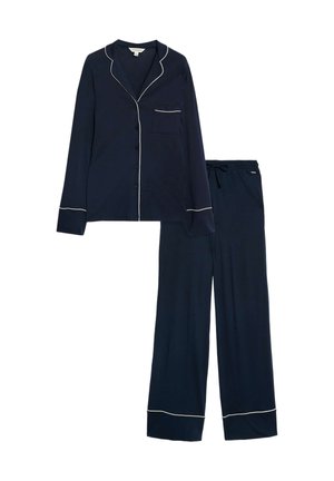 Marineblåt pyjamasæt med langærmet knapoplukkelig top og matchende bukser, begge kantet med hvid piping langs kanter og manchetter.