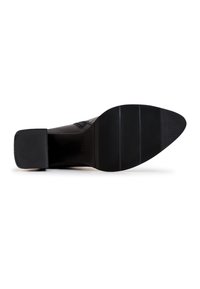 Chaussure habillée en cuir noir vue de la semelle, avec un bout pointu et des zones texturées en caoutchouc au talon et à l'avant du pied.