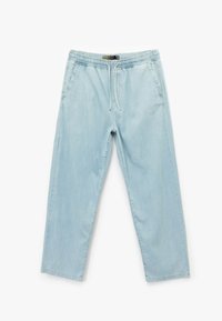 Lichtblauwe denim joggers met een elastische tailleband, trekkoorddetail en zijzakken. Rechte pijp, zachte textuur en casual ontwerp.