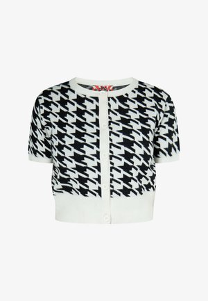 Short-sleeve cardigan in black and white houndstooth pattern, featuring a round neckline and front buttons. Made from soft knit fabric.