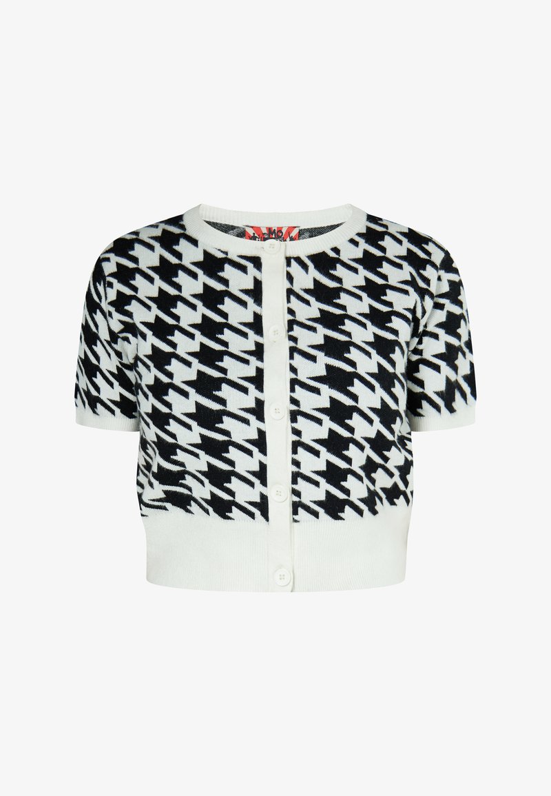 Czarny i biały kardigan z krótkim rękawem w wzór houndstooth, z okrągłym dekoltem i guzikami z przodu. Wykonany z miękkiej dzianiny.