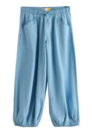 Light blue loose-fit pants with elastic waistband and cuffs, front drawstring, and two slanted front pockets.