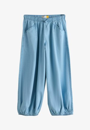 Hele sinised lahtised püksid, millel on elastne vöökoht ja säärised, ees paelaga kinnitus ning kaks kaldu eesmist taskut.