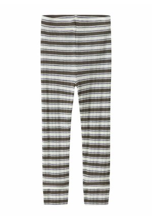 Stribede ribstrikkede leggings med brune, hvide og lyseblå horisontale bånd, med tætsiddende ankelmanchet.