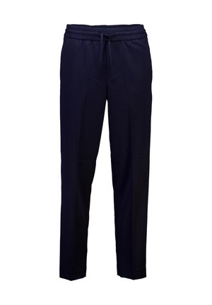 Pantaloni jogger blu navy con vita elasticizzata regolabile, gambe affusolate e tasche laterali; realizzati in un materiale morbido e liscio.