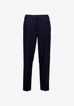 Pantaloni jogger blu navy con vita elasticizzata regolabile, gambe affusolate e tasche laterali; realizzati in un materiale morbido e liscio.