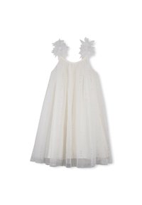 Λευκό αμάνικο φόρεμα με στρωματοποιημένο τούλινο ύφασμα. Διακοσμημένο με λουλουδένια σχέδια στα τιράντες και διακριτικές λεπτομέρειες με παγιέτες σε όλο το φόρεμα.
