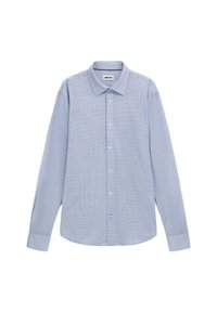 Camicia a maniche lunghe azzurro chiaro con un sottile motivo geometrico, chiusura con bottoni e colletto tradizionale. Tessuto in cotone con una texture liscia.