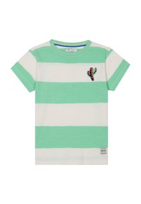 Grün-weiß gestreifes Kurzarm-T-Shirt mit einem gestickten Kaktusdetail auf der Brust, aus weichem Baumwollmischgewebe gefertigt.