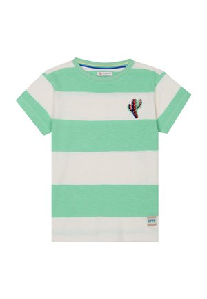 Groen en witte gestreepte T-shirt met korte mouwen en een cactusborduursel op de borst, gemaakt van een zachte katoenmix.