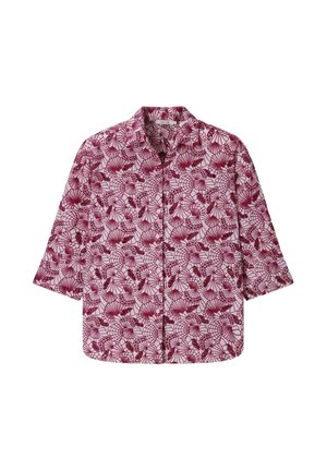 Chemise à manches longues avec col et boutons, présentant un motif intégral de ventilateurs et de baies bordeaux sur un fond clair.