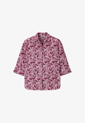 Chemise à manches longues avec col et boutons, présentant un motif intégral de ventilateurs et de baies bordeaux sur un fond clair.