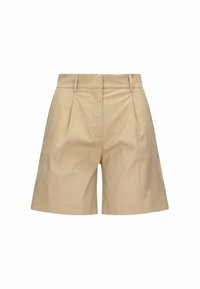 Pantaloni shorts beige su misura con vita alta, caratterizzati da pieghe frontali, tasche laterali e una morbida trama in misto cotone.