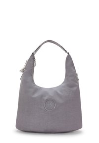Borsa hobo grigia realizzata in tessuto liscio, con una forma arrotondata, un logo circolare sul davanti e un accento in metallo argentato.