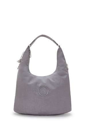 Gray hobo bag made of smooth fabric, featuring a rounded shape, a circular logo on the front, and a silver hardware accent.