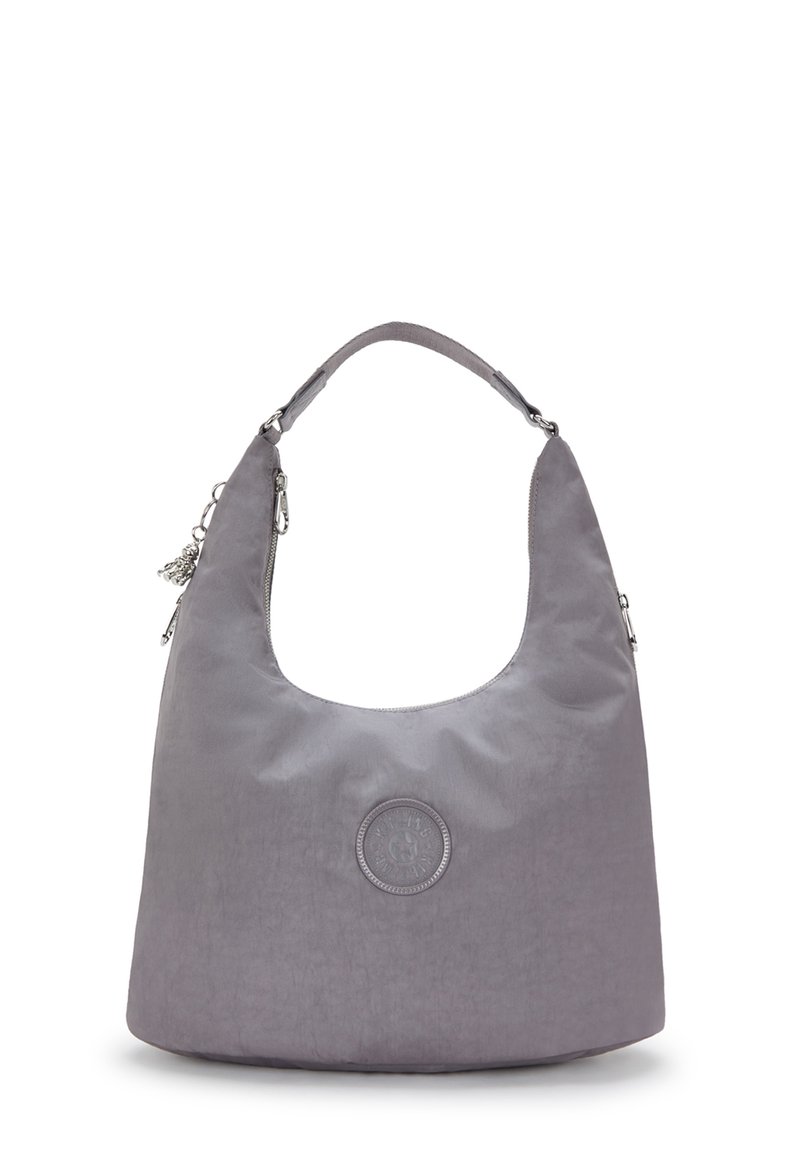 Borsa hobo grigia realizzata in tessuto liscio, con una forma arrotondata, un logo circolare sul davanti e un accento in metallo argentato.