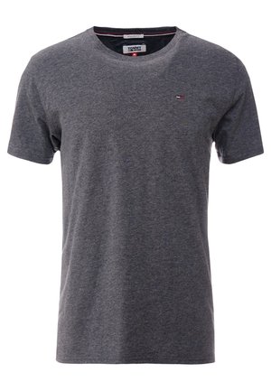 Tummanharmaa, lyhythihainen pyöreäkauluksinen T-paita, jossa vasemmassa rinnassa pieni Tommy Jeans -logo ja kauluksessa kokolappu.