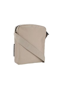 Borsa a tracolla rettangolare beige realizzata in tessuto testurizzato, dotata di una tracolla singola regolabile e chiusura con zip nella parte superiore.