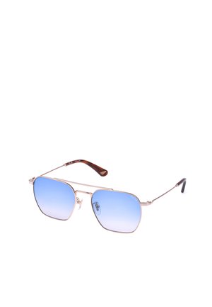 Lunettes de soleil à monture métallique avec verres dégradés bleus et fines branches marron, présentées en angle sur fond blanc.