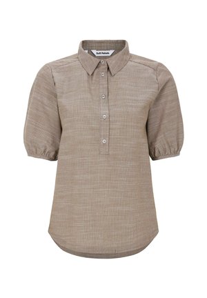 Bež kratka bluza s kratkim rukavima na naduvane rukave, kopčanjem na gumbe, šiljastim ovratnikom i suptilnim vertikalnim prugastim uzorkom.