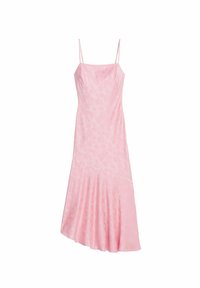 Rosa klänning med spaghettiband, texturerat blommönster, figursydd överdel och utsvängd asymmetrisk nederdel. Tillverkad av lättviktigt tyg.