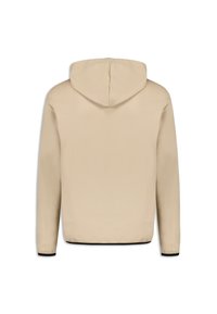 Sudadera beige con capucha, mangas largas y puños elásticos. Textura suave, diseño minimalista, con detalles negros en el bajo y los puños.
