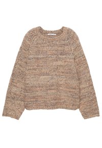 Neulottu villapaita hillityissä ruskean sävyissä, jossa on teksturoidut kuviot. Siinä on pyöreä pääntie ja pitkät hihat, ja se tarjoaa mukavan, rennon istuvuuden.