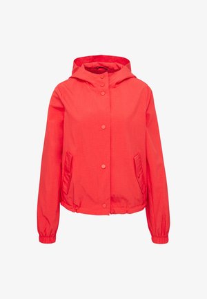Rote Kapuzenjacke mit leichtem, glattem Material, Druckknöpfen, elastischen Bündchen und seitlichen Taschen in einer leicht verkürzten Passform.