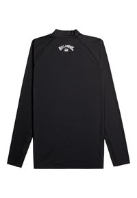 Rash guard negro de manga larga con cuello alto y logo blanco de "Billabong" centrado en la parte superior de la espalda.