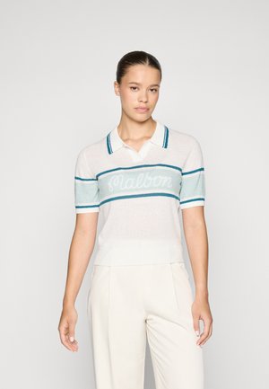Polo skjorte i lys beige med turkise og marineblå striper. Har korte ermer, ribbestrikket krage og strikket tekstur med "Malbon"-logo.