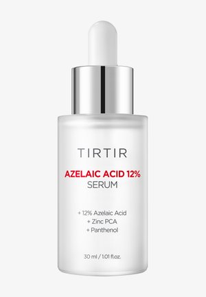 Butelka serum TIRTIR z kwasem azelainowym 12%, z białą nasadką pipety, podkreślająca kluczowe składniki oraz objętość 30 ml na matowej szklanej butelce.