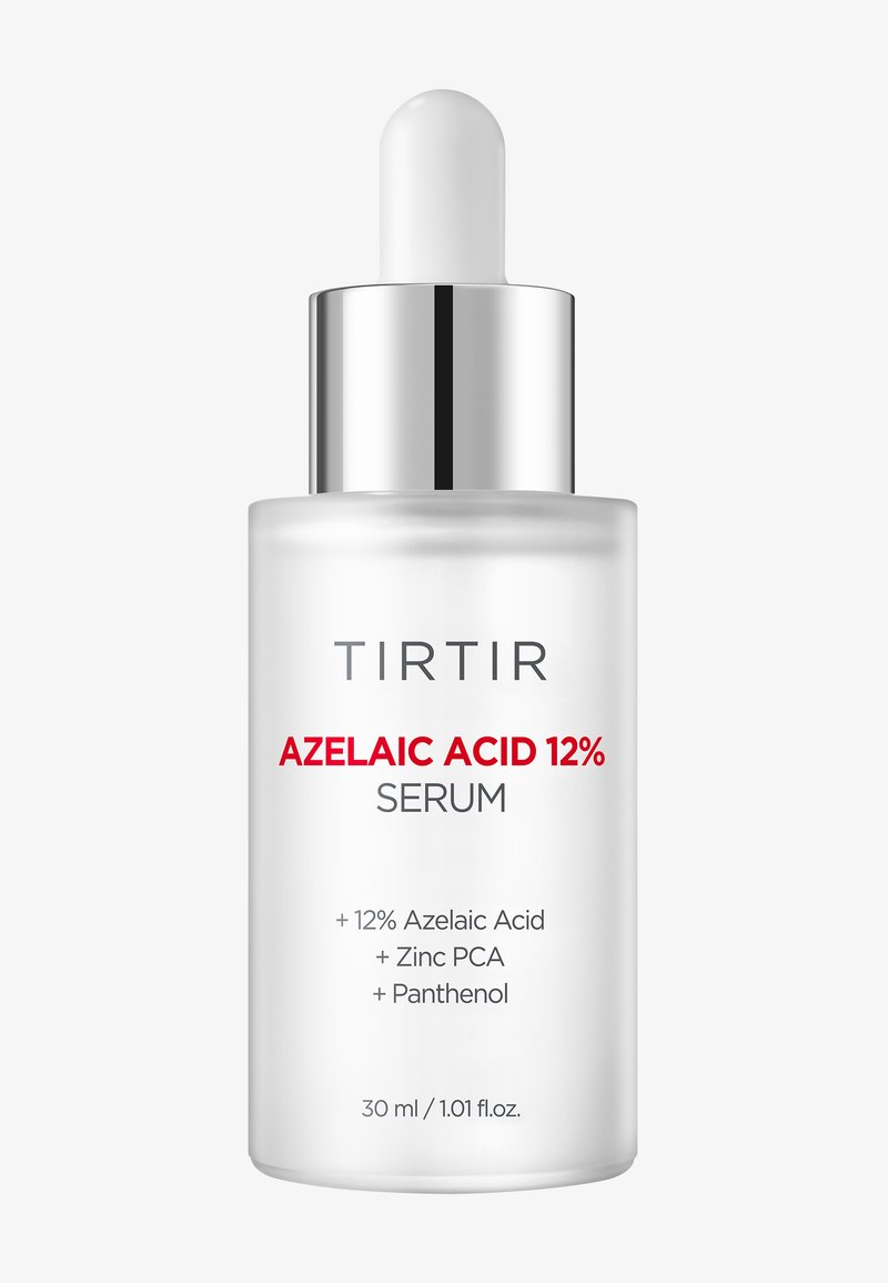 TIRTIR Azelaic Acid 12% serumflask med hvit pipettehette, som fremhever nøkkelingredienser og 30 ml volum på frostet glassbeholder.