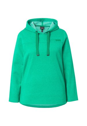 Felpa verde con cappuccio realizzata in morbido cotone misto, caratterizzata da maniche lunghe, cordini regolabili e un logo in rilievo sul davanti.