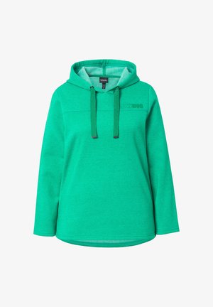 Green hooded sweatshirt made of soft cotton blend, featuring long sleeves, adjustable drawstrings, and a textured front logo.