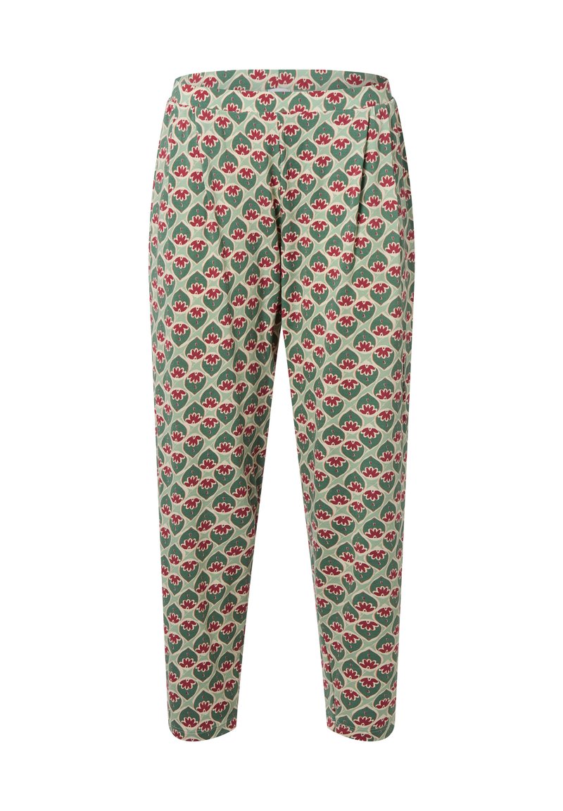Groene broek met een bloemenpatroon met rode bloemen en crèmekleurige accenten. Gemaakt van lichtgewicht stof met een tapered fit.