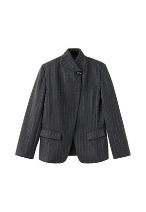 Dunkelgrauer Nadelstreifen-Blazer mit hohem Kragen, Ein-Knopf-Verschluss und zwei vorderen Klappentaschen.