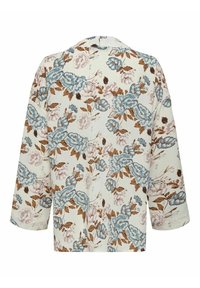 Kimono con motivo floreale in crema, caratterizzato da fiori azzurri e rosa con dettagli marroni. Vestibilità comoda, maniche lunghe e texture morbida.