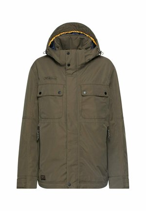Olive green hooded jacket with front snap buttons, flap chest pockets, side zippers, and adjustable hood drawstrings.