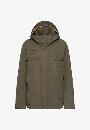Olive green hooded jacket with front snap buttons, flap chest pockets, side zippers, and adjustable hood drawstrings.
